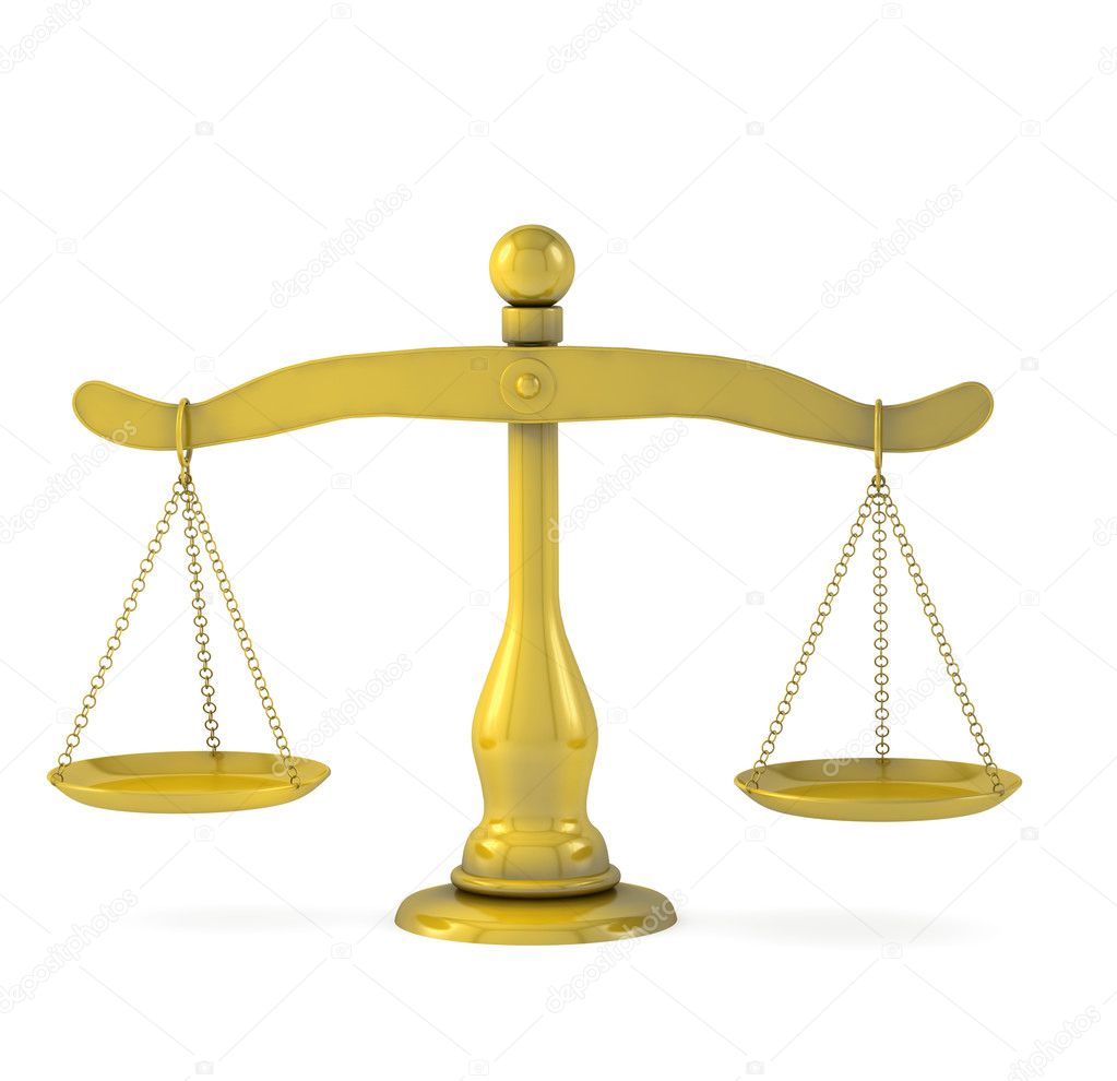 Golden scales of justice on a white background