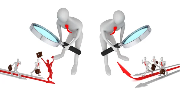 3d person watching on 3d man on the red arrow and his defeated c — Stock Photo, Image