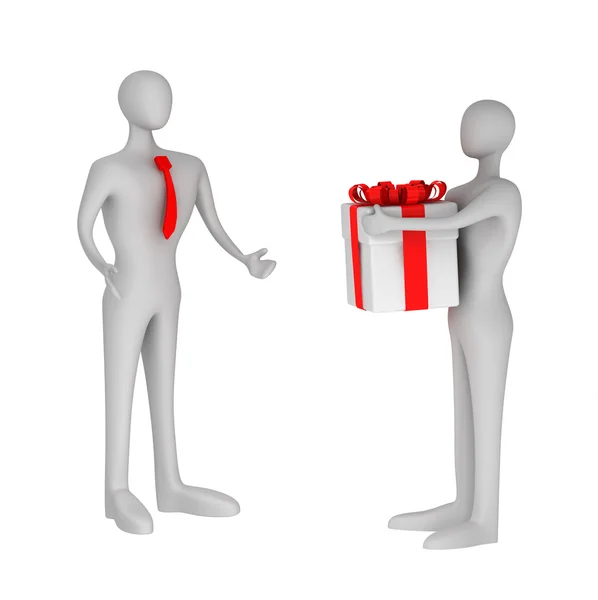3d man giving a gift to another 3d man — Stock Photo, Image