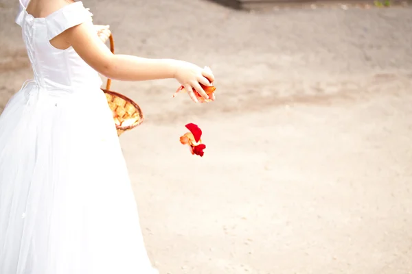 Dziewczynka gospodarstwa płatki róż na weselu — Zdjęcie stockowe