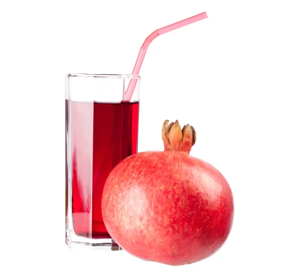 Glass of juice and ripe piece grenade on white background — Stock Photo, Image