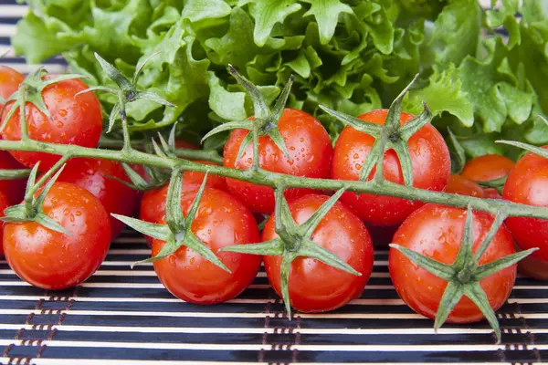 Свежие помидоры и зеленый салат — стоковое фото
