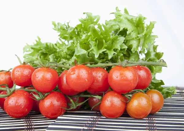 Tomates cereja frescos e salada verde — Fotografia de Stock