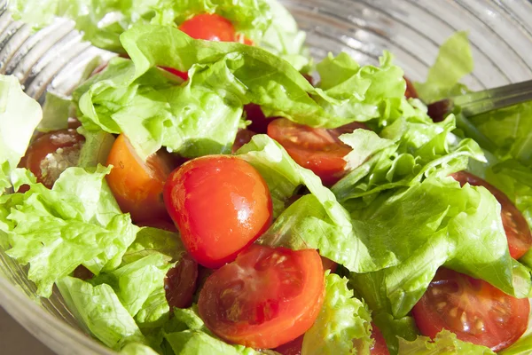 Sallad med glada tomater och gröna blad — Stockfoto