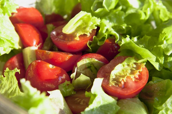 Salad with cheery tomatoes and green leaves — Stock Photo, Image