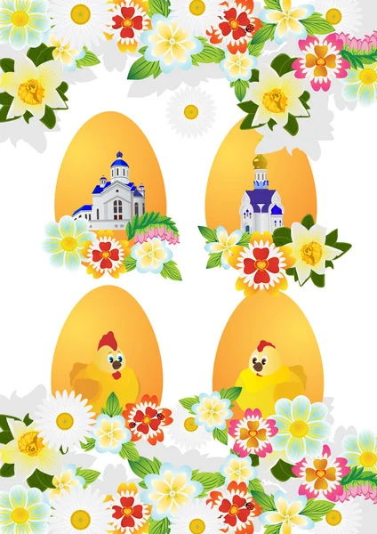 Flores silvestres y huevos de Pascua — Vector de stock