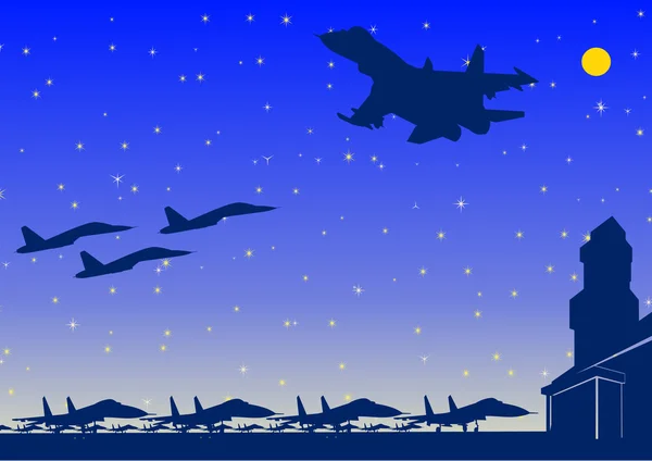 Aviones militares en el campo de aviación — Stockvector