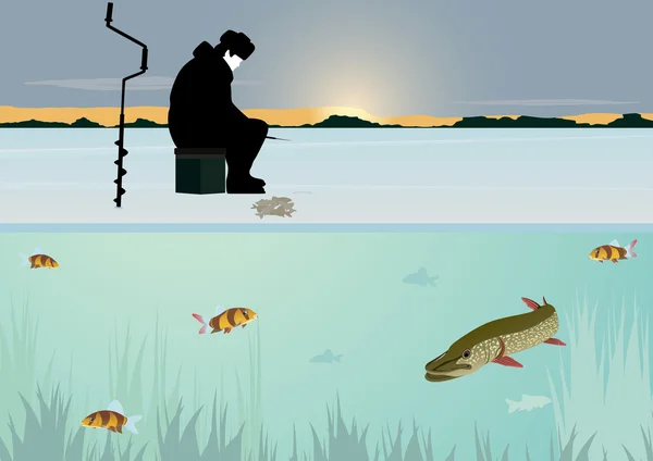 Pesca de invierno en el lago — Vector de stock