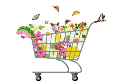 alışveriş sepeti çiçekleri ile