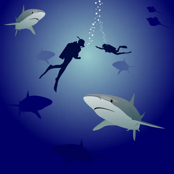 Köpekbalıkları ve tüplü dalgıçlar — Stok Vektör