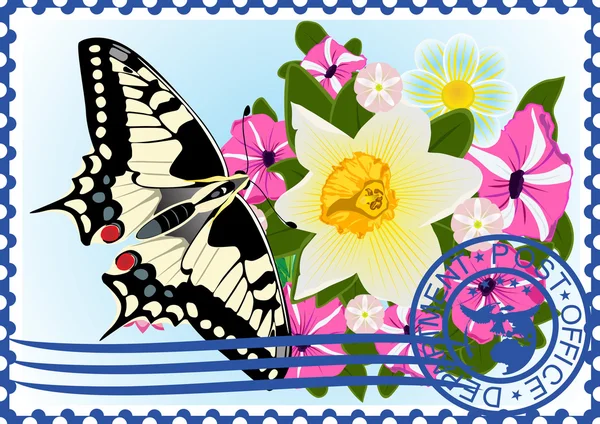 Postage stamp. Butterfly and flowers — Stock Vector