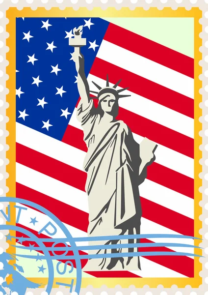 Почтовые марки с флагом и статуей Свободы — стоковый вектор