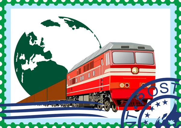 Почтовая марка. Железнодорожные перевозки — стоковый вектор