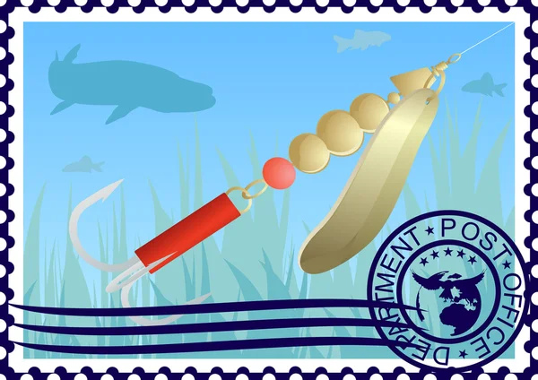 郵便切手。釣り道具 — ストックベクタ
