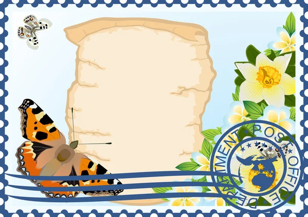 Γραμματόσημο. χαρτί, πεταλούδες και λουλούδια — Διανυσματικό Αρχείο
