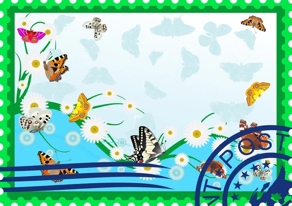Postage stamp. Butterflies and daisies — Stock Vector