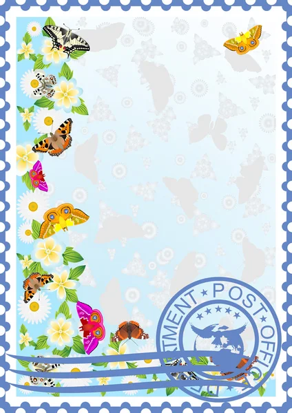 Timbre-poste. Papillons et fleurs — Image vectorielle
