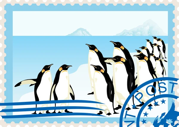 Postage stamp with penguins — Stock Vector