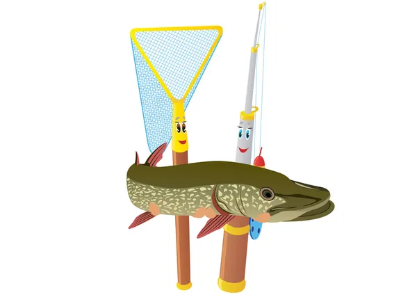 Fishing rod, net and pike — Stock Vector