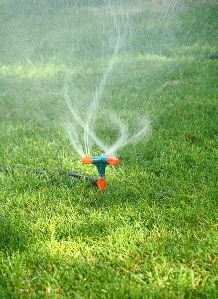 Zraszacz rozpylający wodę na trawę — Zdjęcie stockowe