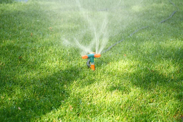 Sprinkler, der Wasser auf Gras sprüht — Stockfoto