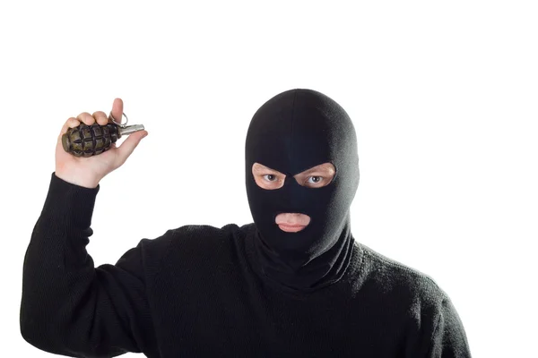 Terrorist mit schwarzer Maske und Granate. — Stockfoto