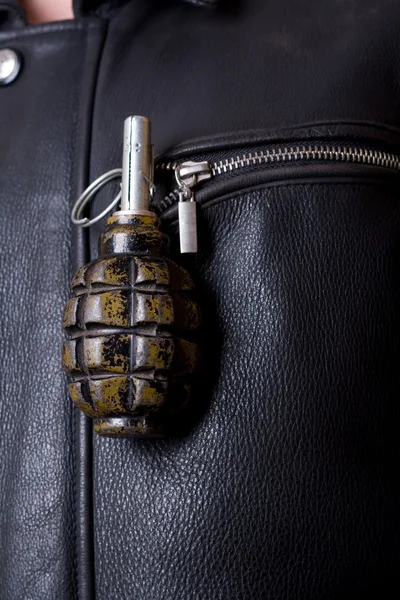 Stock image Hand grenade in leathers jacket`s pocket.