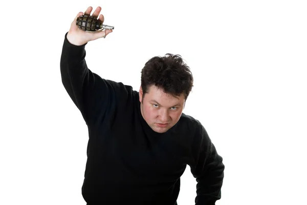 Bărbat caucazian cu grenadă de mână izolată pe alb . — Fotografie, imagine de stoc