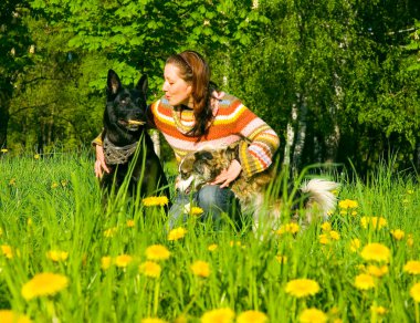 kadın köpeğini çayır üzerinde