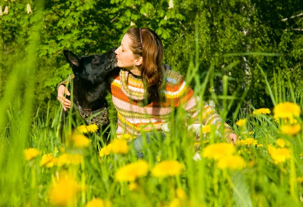 Žena se svým psem na louce — Stock fotografie
