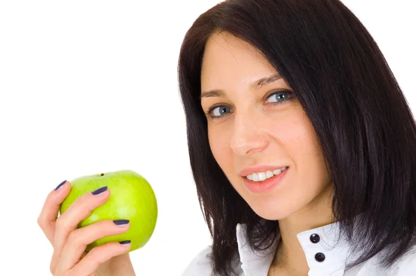 หนุ่มสาวมีความสุขยิ้มผู้หญิงกับแอปเปิ้ล — ภาพถ่ายสต็อก