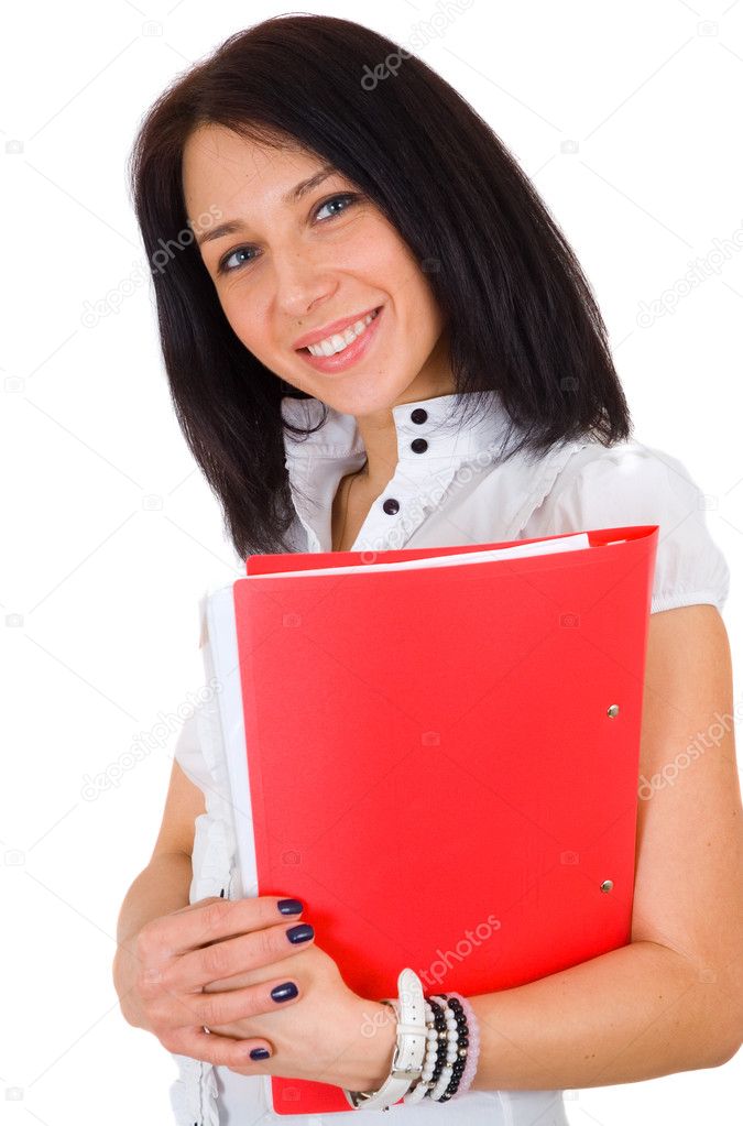 Portrait of happy smiling business woman with red folder