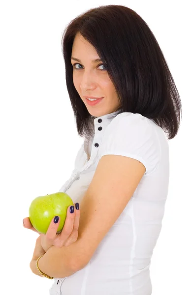 Jeune femme souriante heureuse avec pomme — Photo