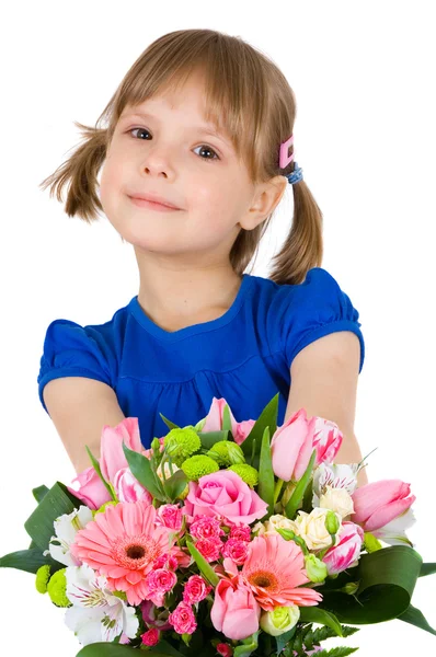 Bir buket çiçek ile küçük kız. beyaz izole — Stok fotoğraf