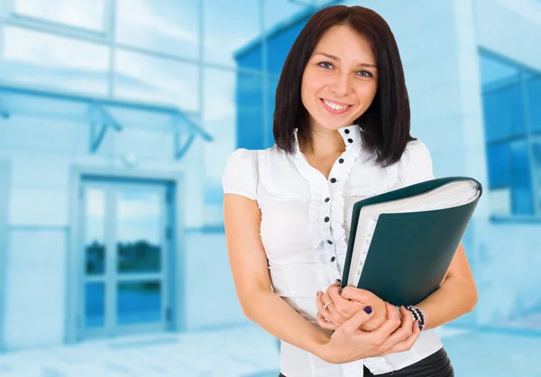 Portrait of happy smiling business woman with folder — Stock Photo, Image