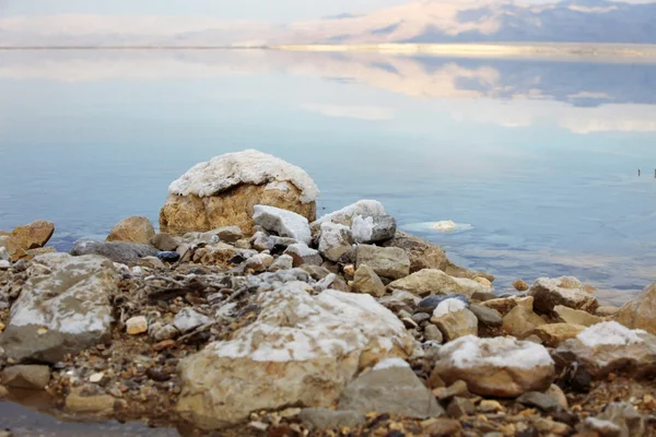 Totes Meersalz an Felsen, am Horizont ein jordanisches mt — Stockfoto