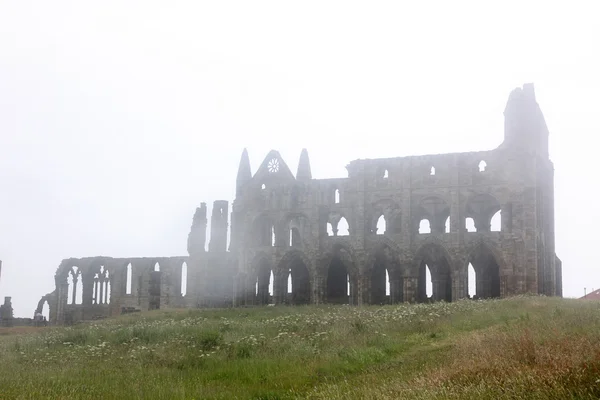Weiße Abteiburg im dichten Nebel, zerstörte Benediktinerabtei — Stockfoto