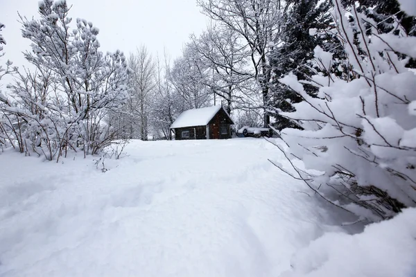 Winter ländliche Landschaft, Haus unter Schneefall — Stockfoto