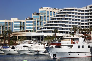 Luxury Yachts Docked In Front Of Waterfront Hotels clipart