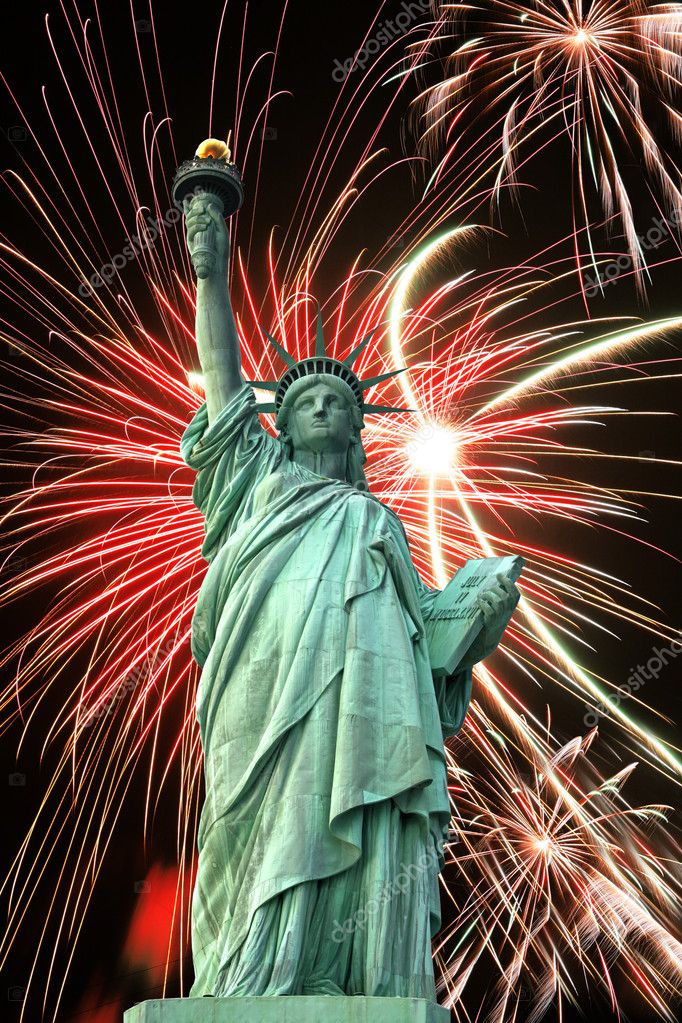 Statue of Liberty and fireworks in black sky — Stock Photo ...