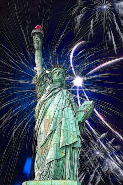 Estatua de la Libertad y fuegos artificiales en el cielo negro — Foto de Stock
