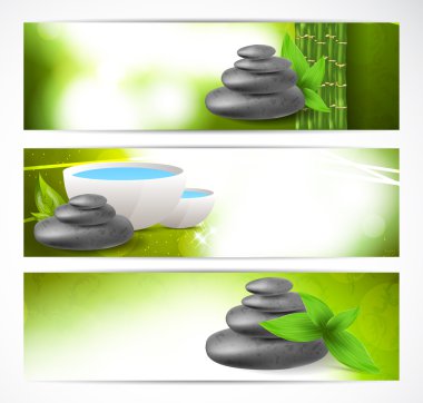 Set of banners with stones and leaves clipart