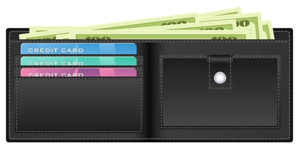 Μαύρο πορτοφόλι με χρήματα — Διανυσματικό Αρχείο
