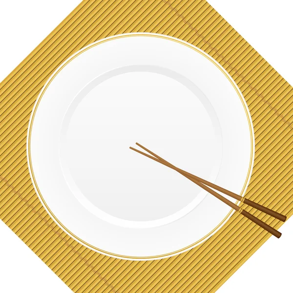 Палочки для еды и тарелки на бамбуковой крышке — стоковый вектор
