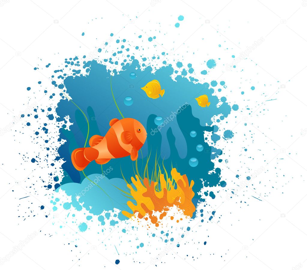 Grunge underwater background with clownfish