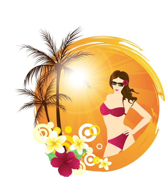 Tropical background with palms and young woman — Stock Vector