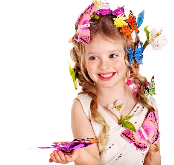 Child in spring hairstyle and butterfly. — Stock Photo, Image