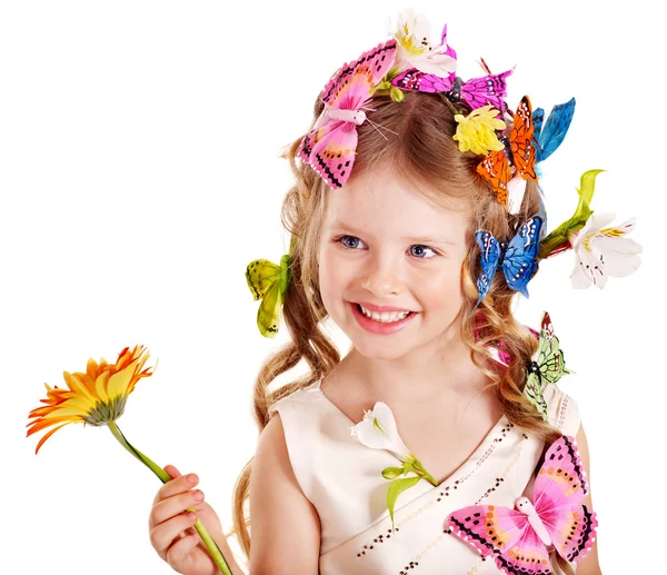 Child in spring hairstyle and butterfly. — Stock Photo, Image