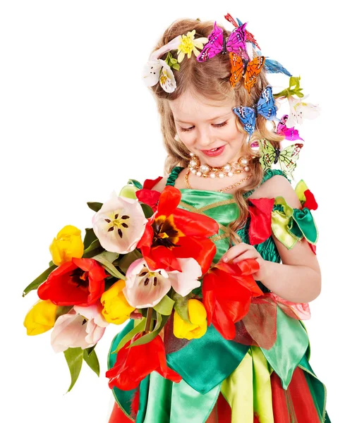 Barn med blomma och fjäril. — Stockfoto