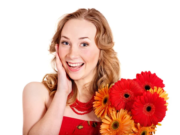 幸せな若い女性の花を持つ. — ストック写真